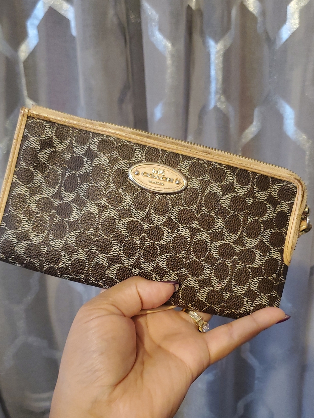 Coach Brown Signature Zip Wallet with Gold Hardware